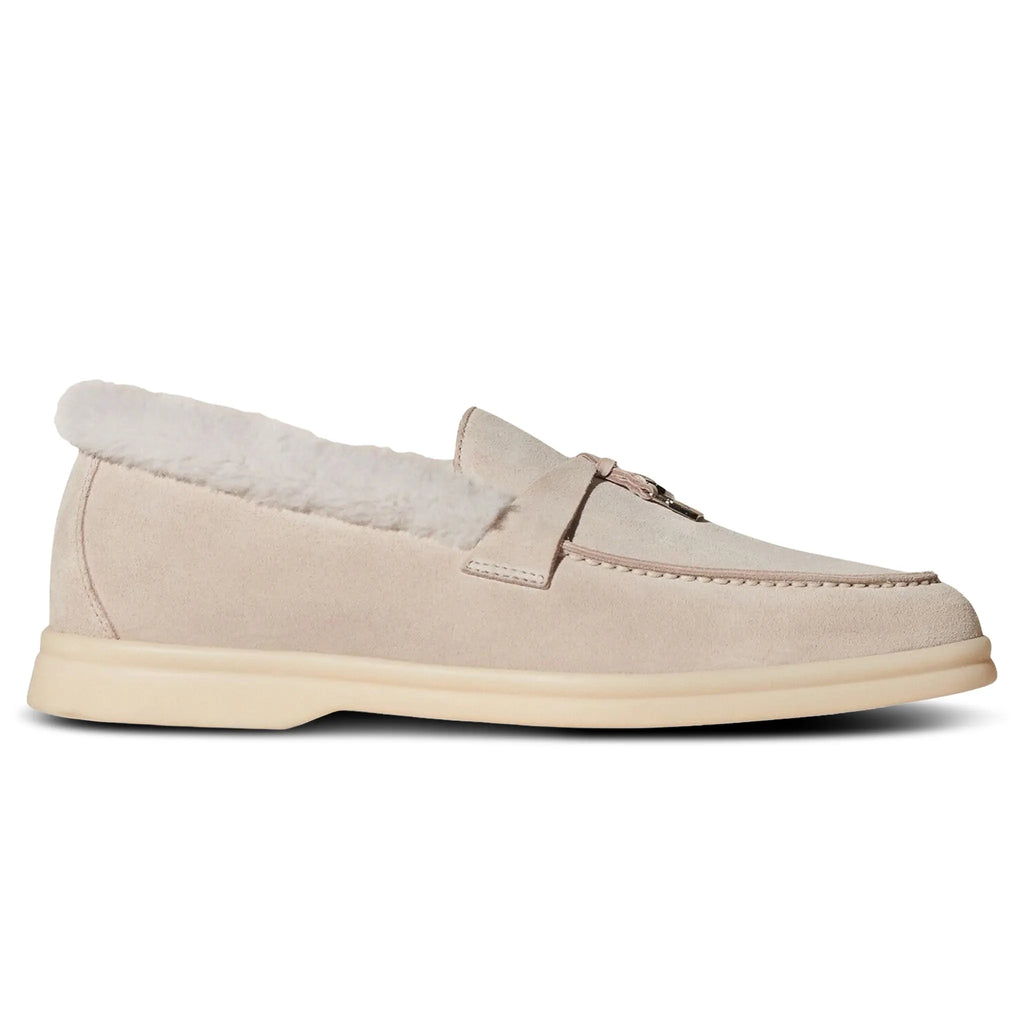 Loro Piana Summer Charms Walk Suede With Lny Fur Platinum Melange Loafers