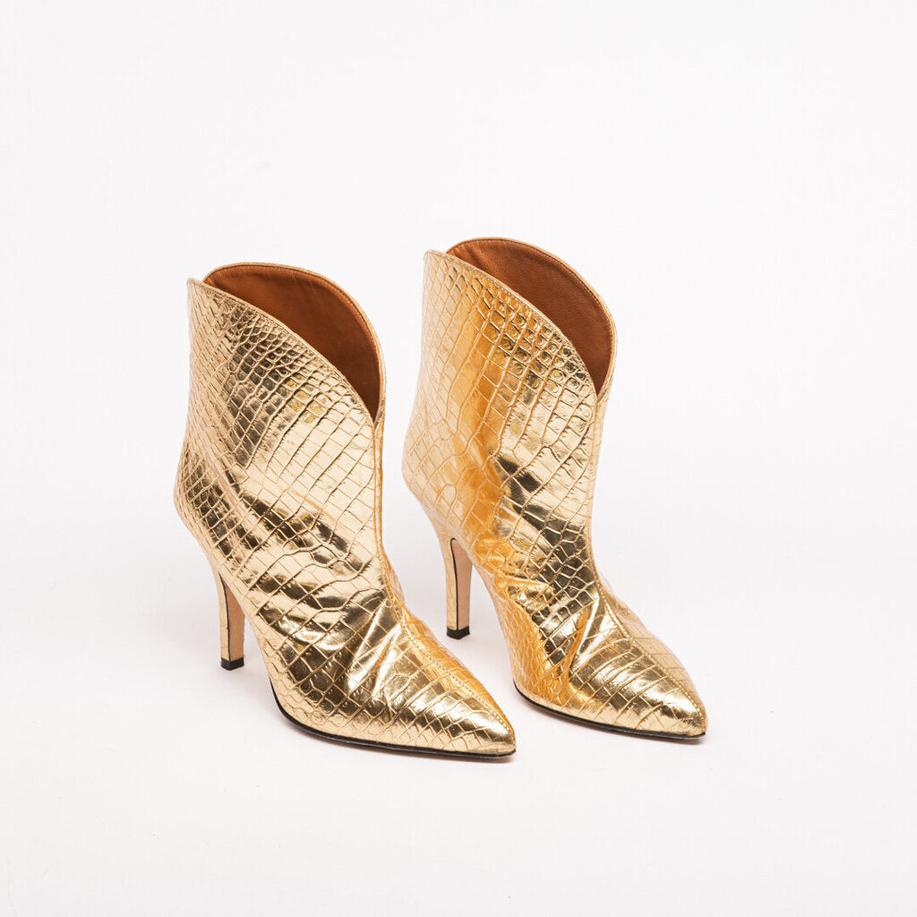 Paris Texas Gold Leather Croc Embossed Ankle Boot
